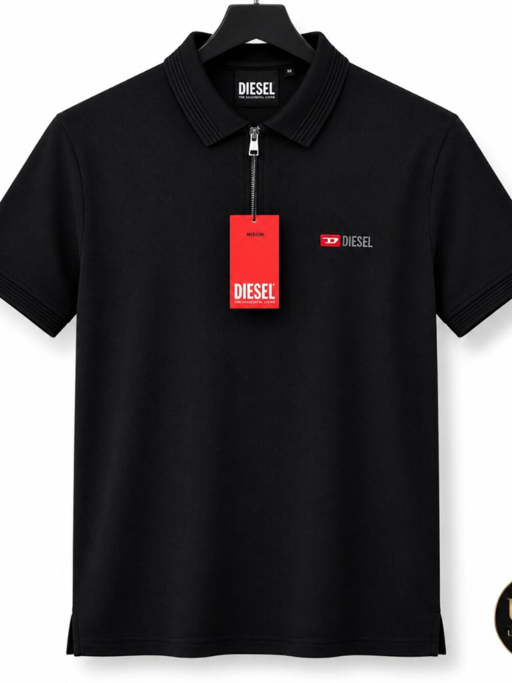 Diesel Men’s Black Quarter Zip Polo Shirt Logo Short Sleeve